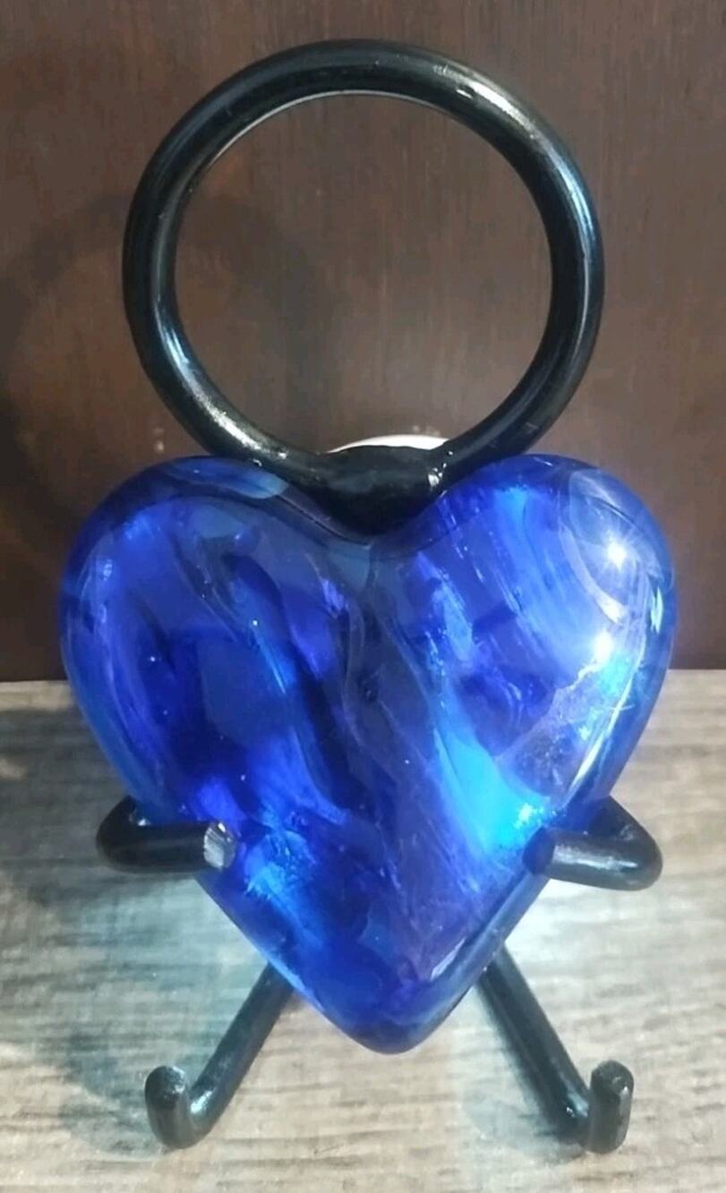 Heart Fused Art Glass On Metal Stand Small Gift Teacher Coworker Cobalt Blue